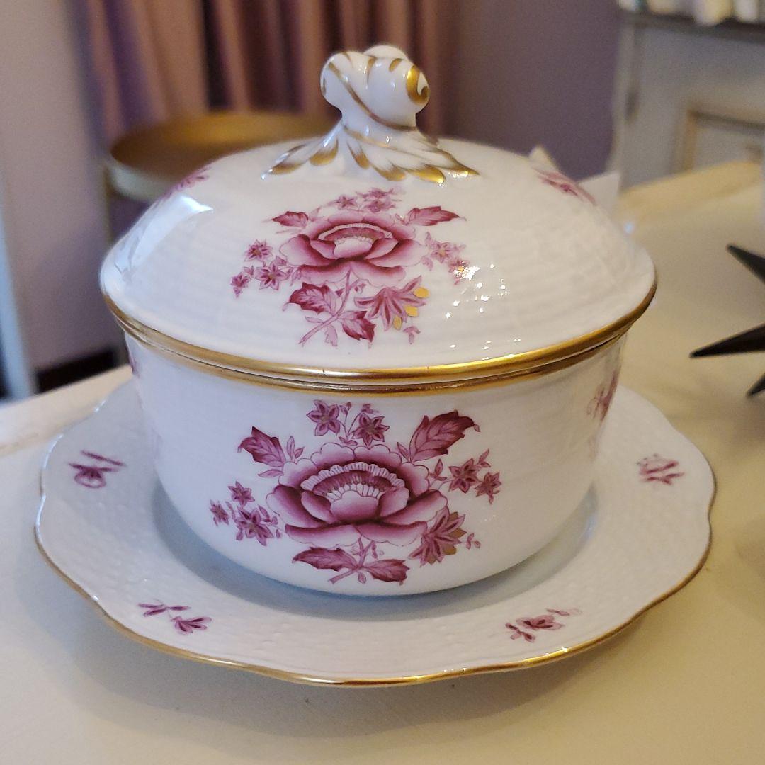 レア　ヘレンド　アポニーピンクシュガーポットカップ受け皿付き　アクセサリーケース