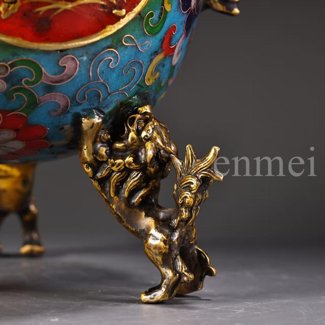 珍品旧藏・赤青琺瑯装飾双対香炉・高浮彫鏨刻・鎏金鳳鳥浮彫付き・純銅製・置物・風水