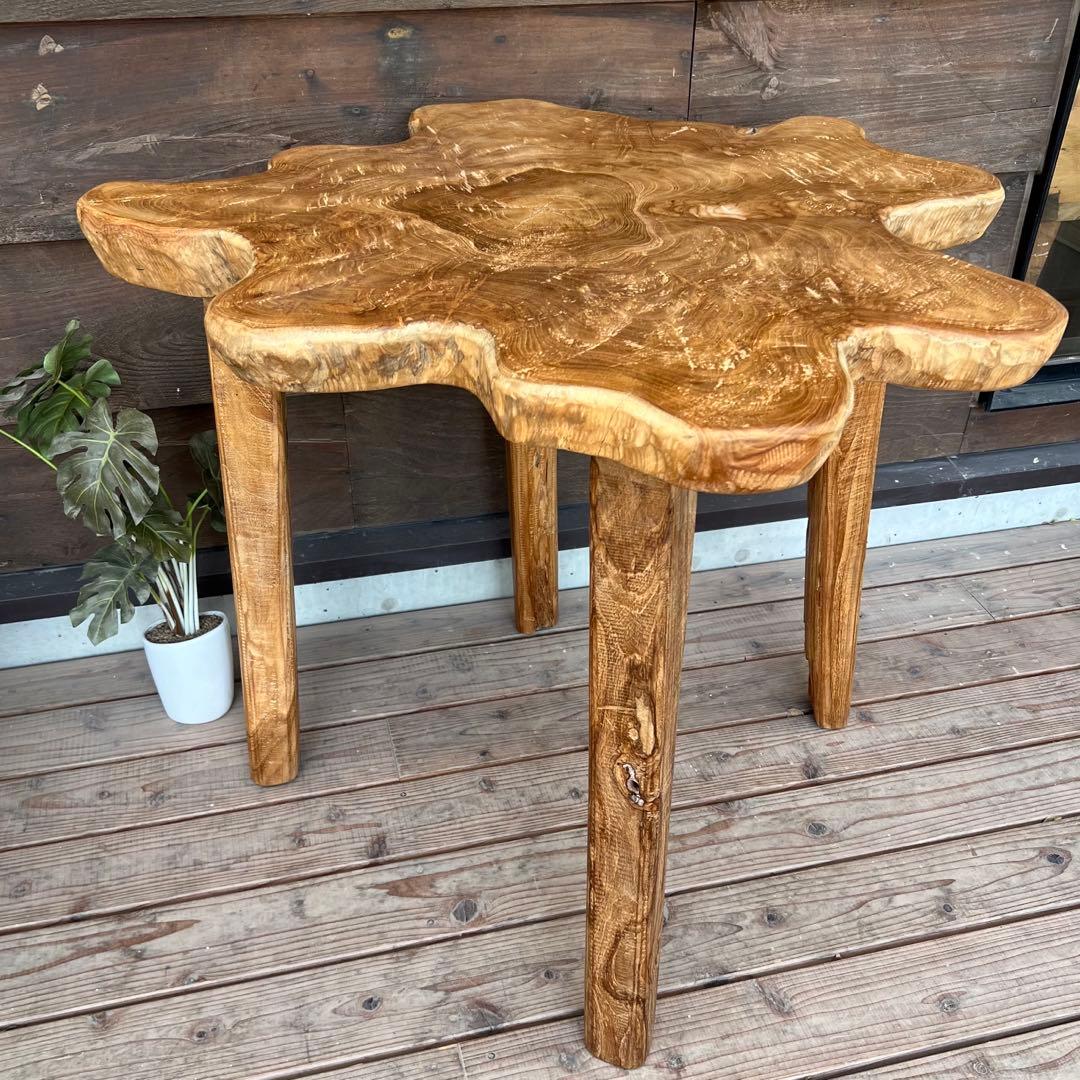 極厚 希少木材 オールドチーク材 切り株 ハイテーブル 91cm 無垢材 飾り台