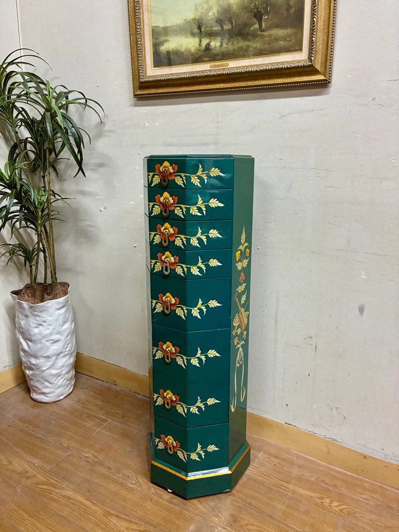 管454☆シノワズリ様式☆八角型☆8段チェスト☆ジュエリーチェスト