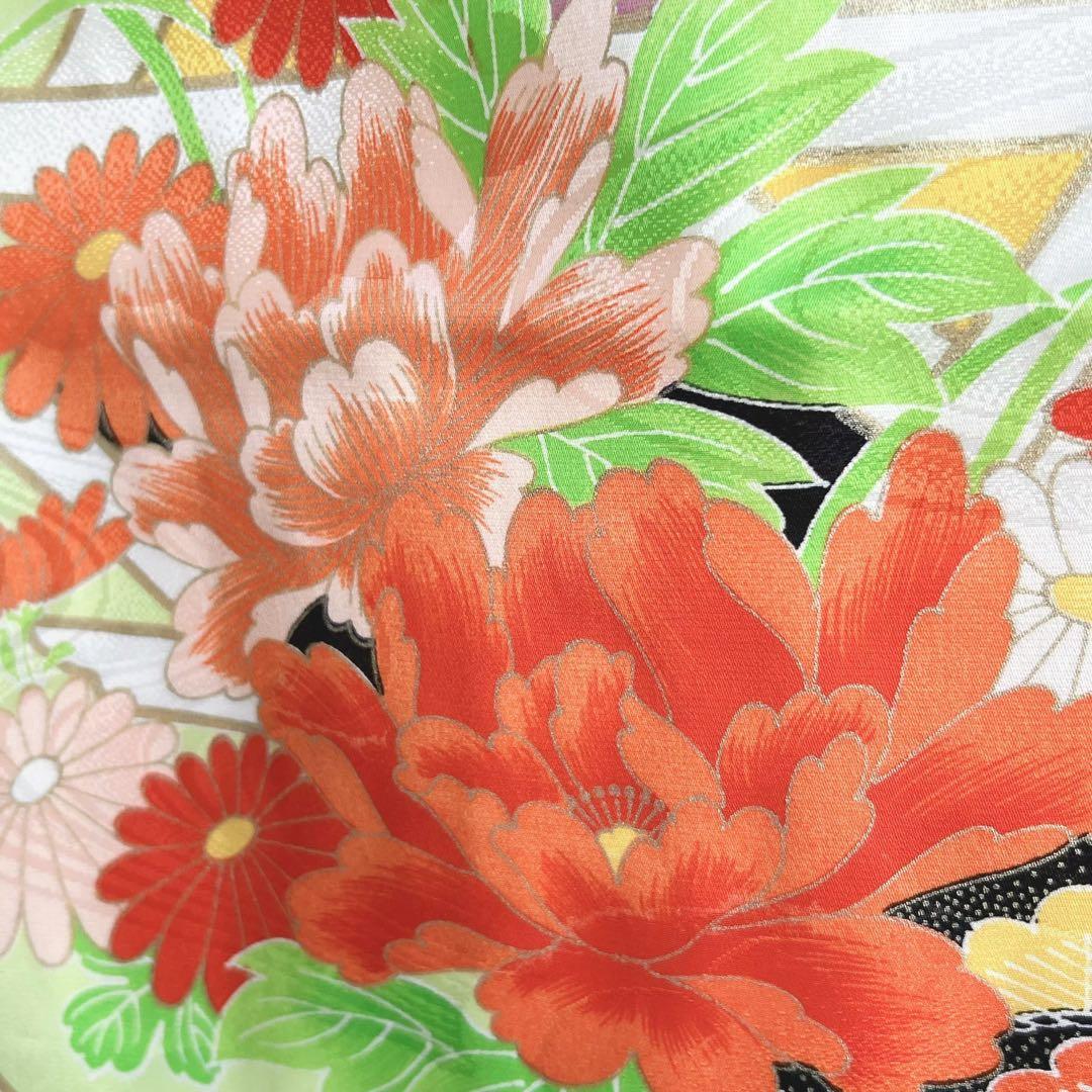 セット七五三7歳女の子長着＆袖なし長襦袢＆丸帯＆草履＆バッグ＆小物黄緑色金糸牡丹