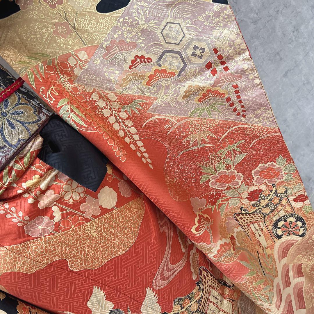 特価！振袖+長襦袢フルセット　古典柄　黒　ゴールド　かっこいい系　御所車　k2