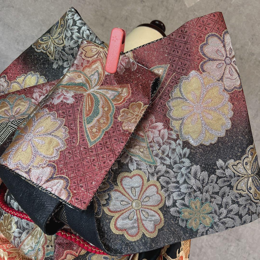 特価！振袖+長襦袢フルセット　古典柄　黒　ゴールド　かっこいい系　御所車　k2