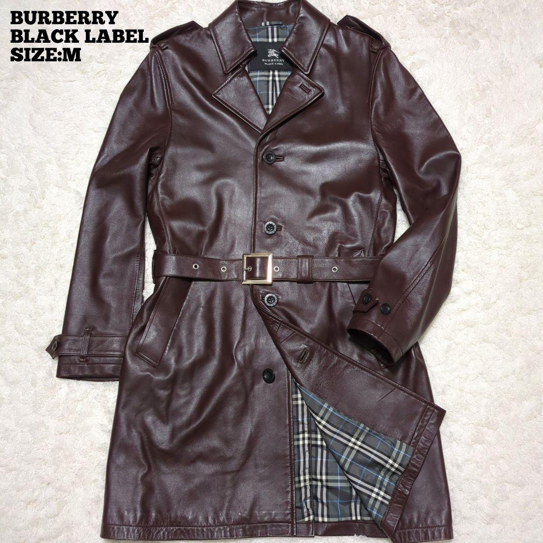 バーバリーブラックレーベル◆ラムレザー ノバチェック トレンチコート 濃茶 M