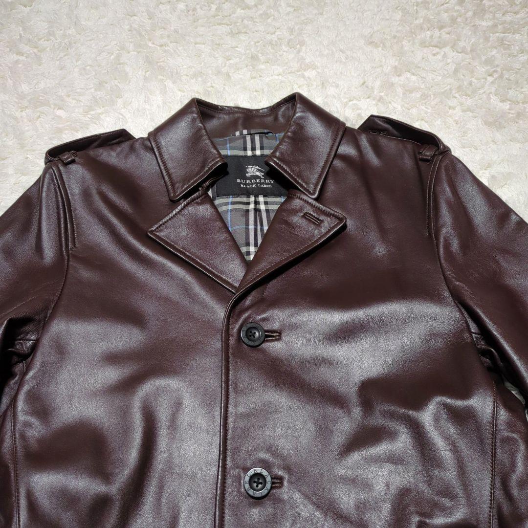 バーバリーブラックレーベル◆ラムレザー ノバチェック トレンチコート 濃茶 M