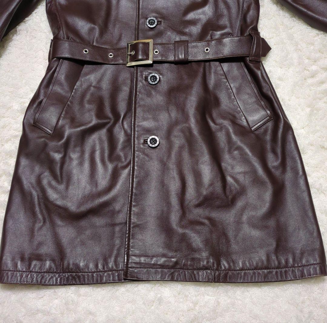 バーバリーブラックレーベル◆ラムレザー ノバチェック トレンチコート 濃茶 M