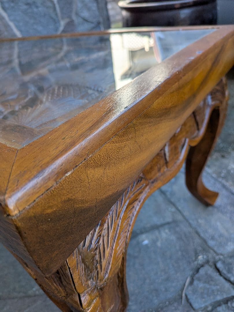 アジアンスタイル 木製彫刻テーブル ガラス天板付き