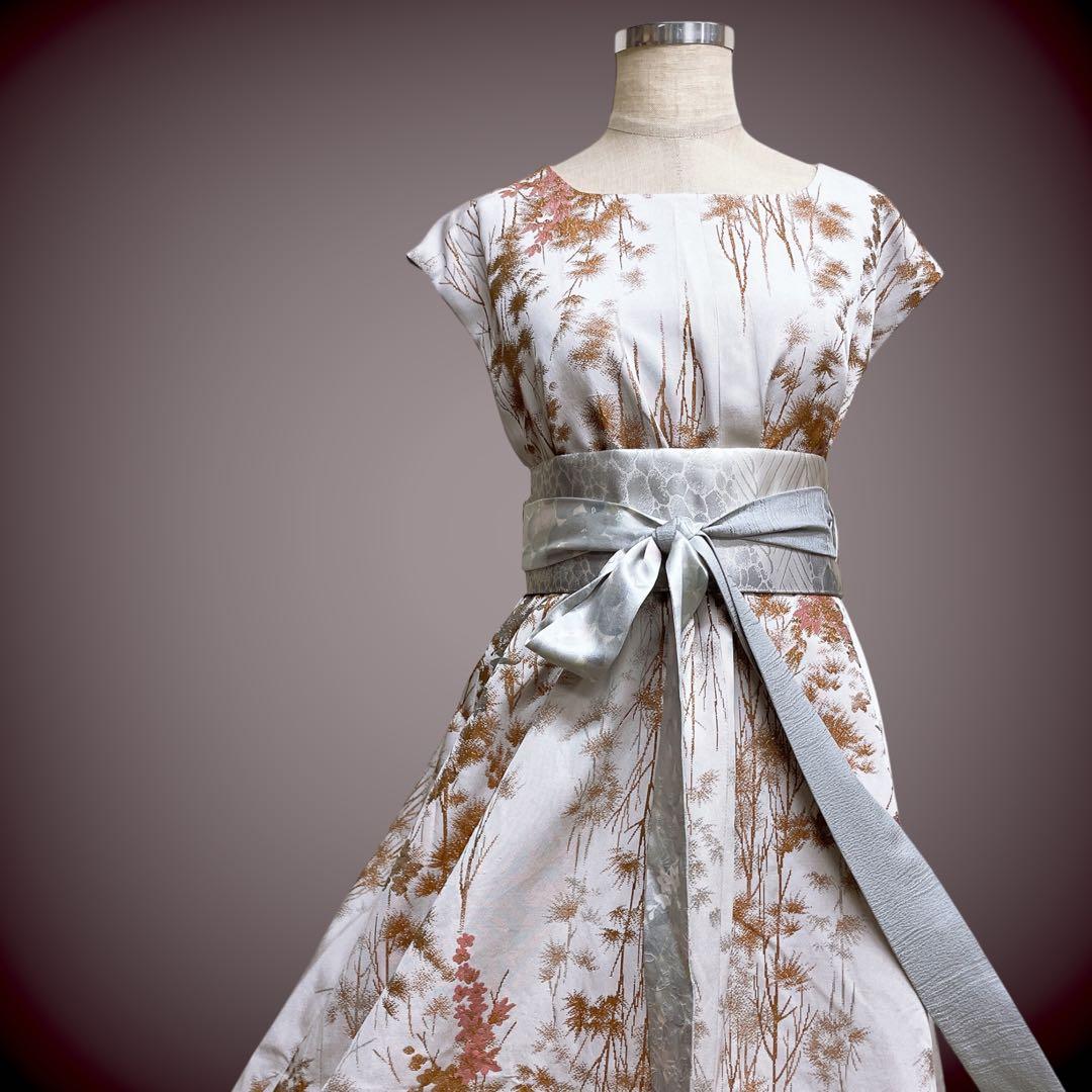 着丈140cm ラメ刺繍 マキシワンピース 着物リメイク J70413