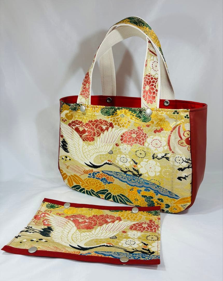 帯バッグリメイク　775番　ボート型持ち手タイプ　被せ蓋付き