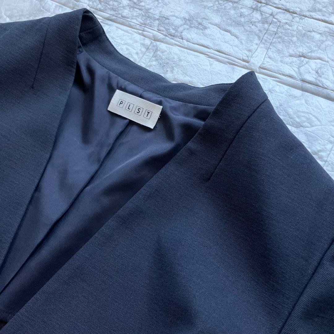 美品◎PLST スーツ セットアップ ノーカラー パンツ リネン混 ネイビー 紺