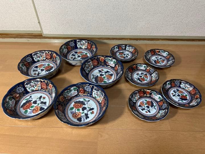 190有田焼　金彩色絵　松竹梅&山水絵&牡丹柄古伊万里様式　鉢5客 皿5客未使用