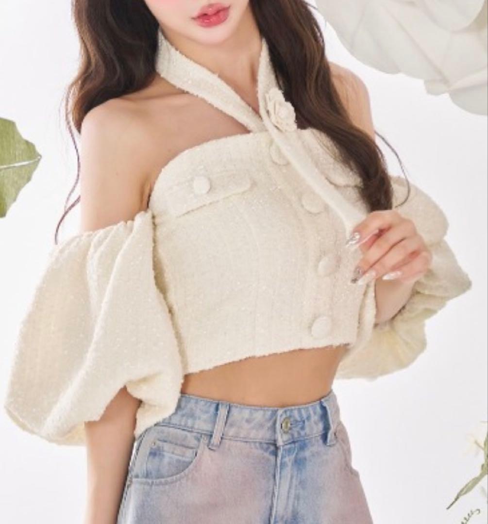 Darich ホルターネックオフショルツイードトップス (ホワイト)