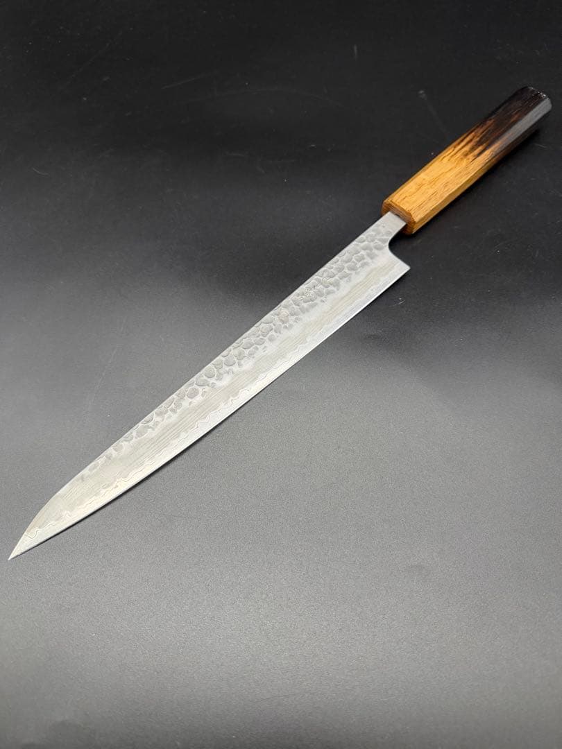 日本製　青紙スーパー鋼割り込み筋引き包丁240mm 樫木八角柄　柳刃包丁