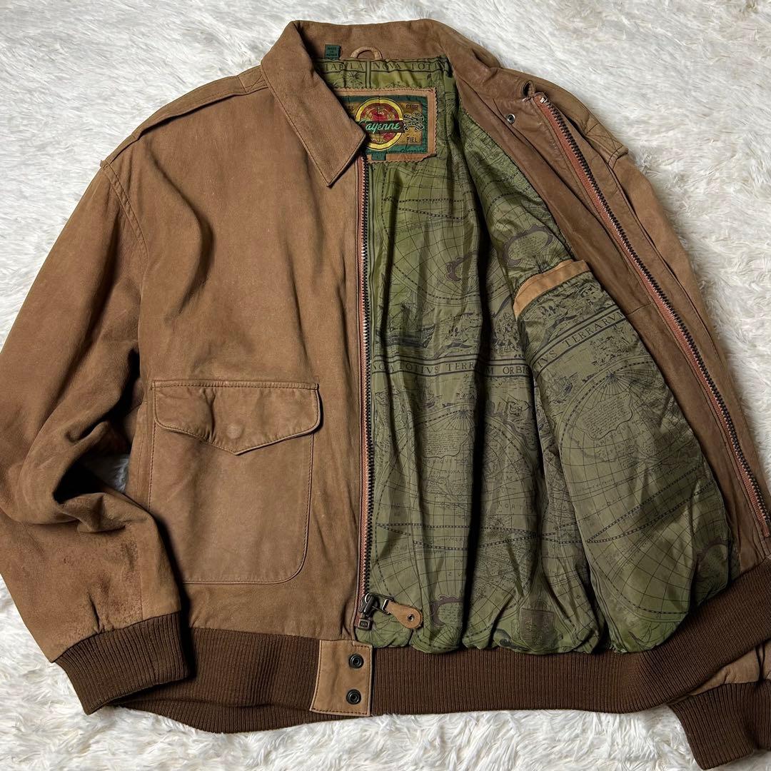 希少✨ A−2タイプ フライトジャケット 本革 スエード 総柄裏地 ブラウン系