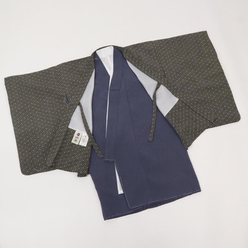 七五三羽織袴着物セット＊男児　3歳～　シンプル 紗綾 黒 灰青 化繊 9RH15