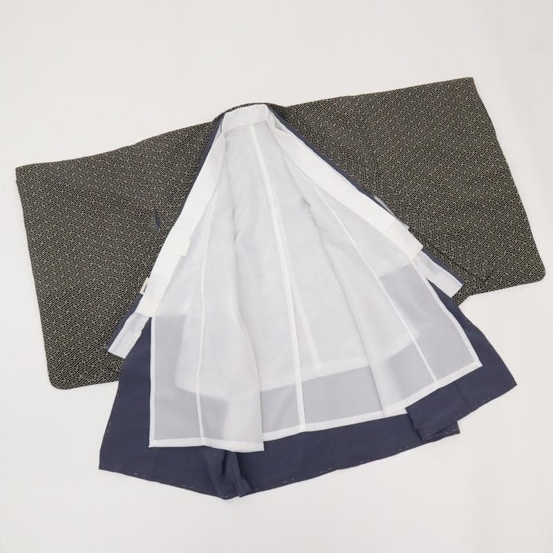 七五三羽織袴着物セット＊男児　3歳～　シンプル 紗綾 黒 灰青 化繊 9RH15