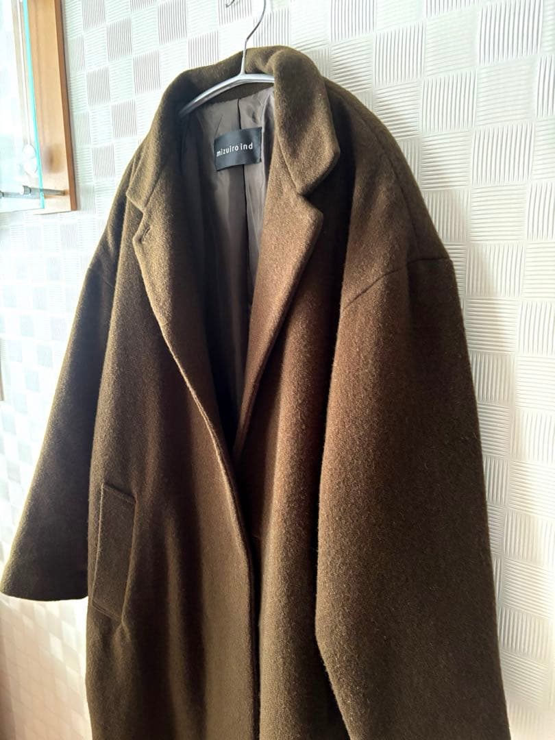 ミズイロインド　ウールブレンドスタンドカラーコート　カーキ　美品