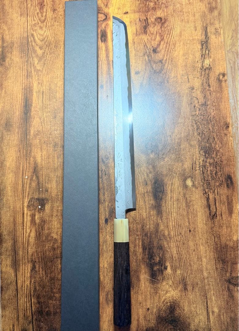 【堺打刃物】森本光一作　刺身 先丸　青ニ鋼 墨流し　　尺三寸　黒檀八角白水牛柄