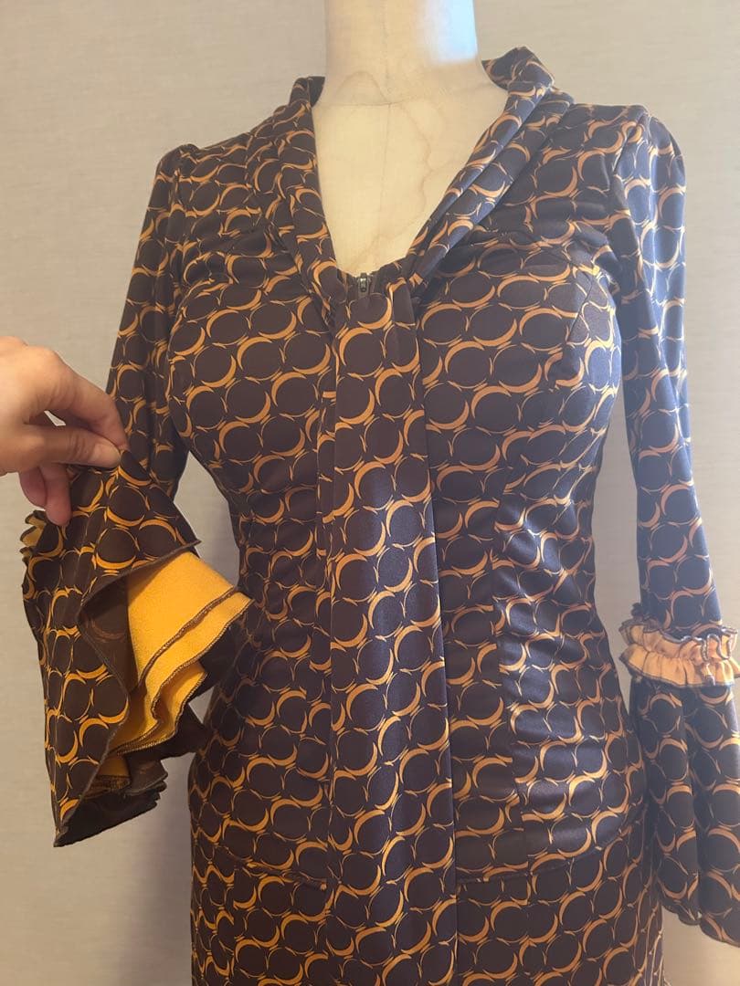 フラメンコ衣装ペチコート付き3点セット焦げ茶×辛子手作り中古美品