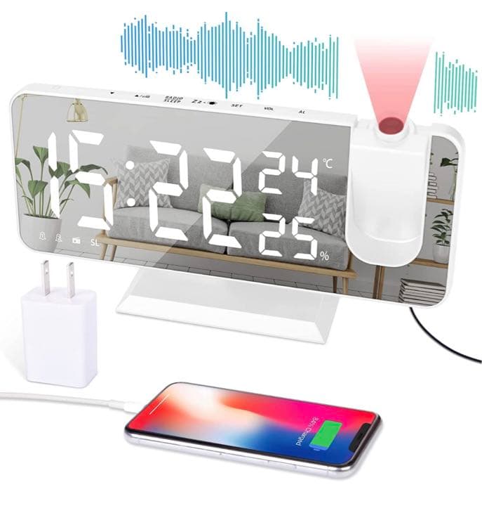 デジタル投影時計 多機能目覚まし時計 温湿度計 ACアダプター付 FMラジオ