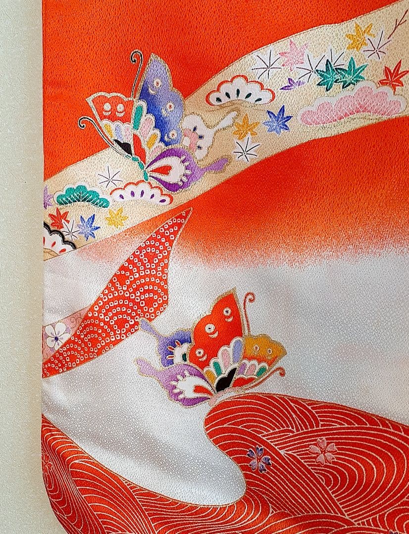 七五三 7歳 着物 結び帯セット 赤 12点フルセット 蝶★女の子 化繊