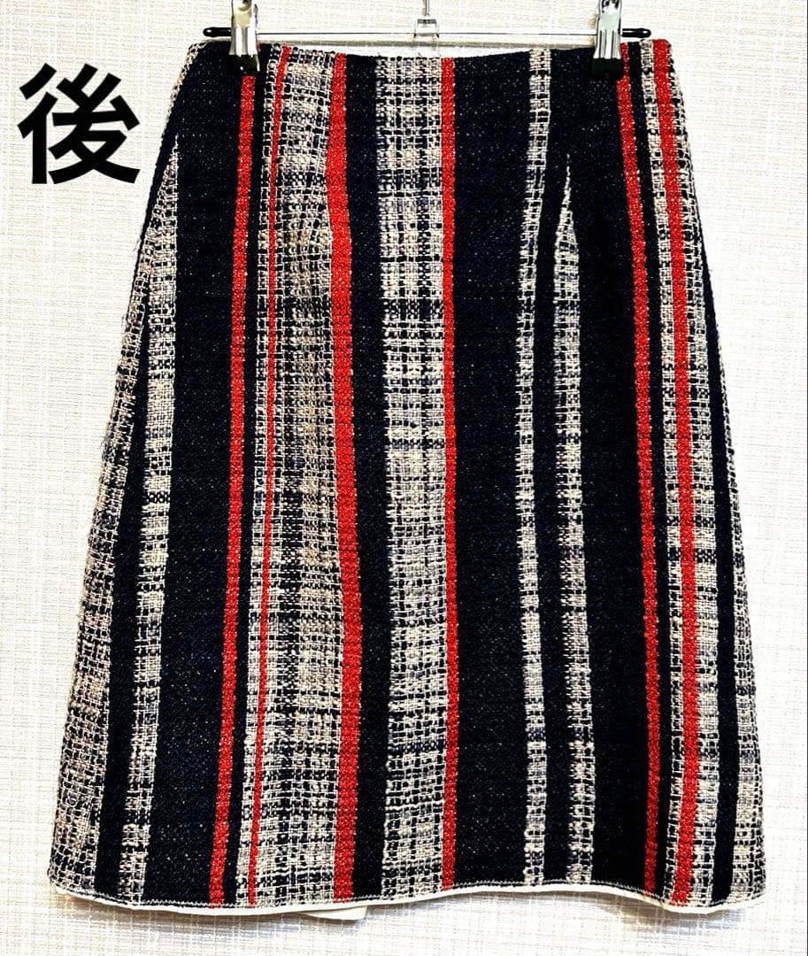 膝丈　プラダ　ツイード生地　チェック　巻き スカート　プリーツ　ウール　赤 紺
