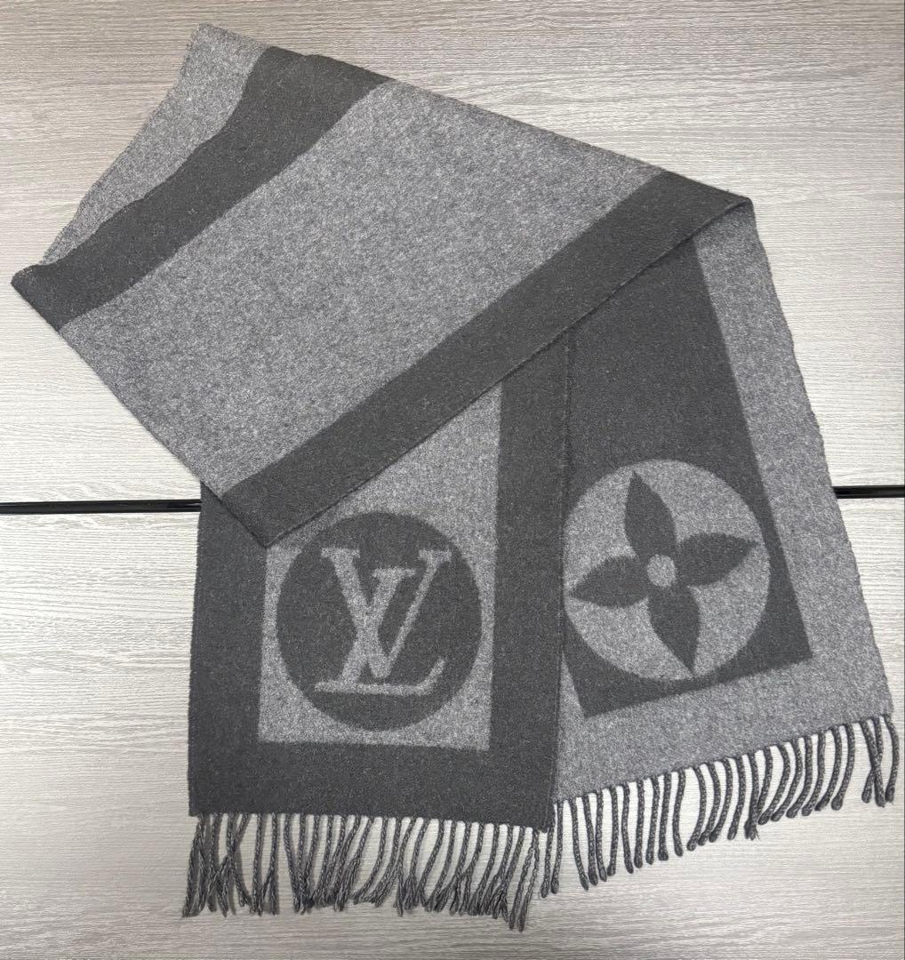 ルイヴィトンエシャルプカーディフ マフラーノワールブラックxグレー