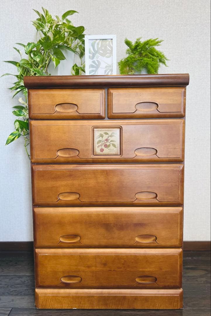 【匿名配送】カントリー調　木製ブラウンチェスト 6引き出し　かわいくて、シンプル