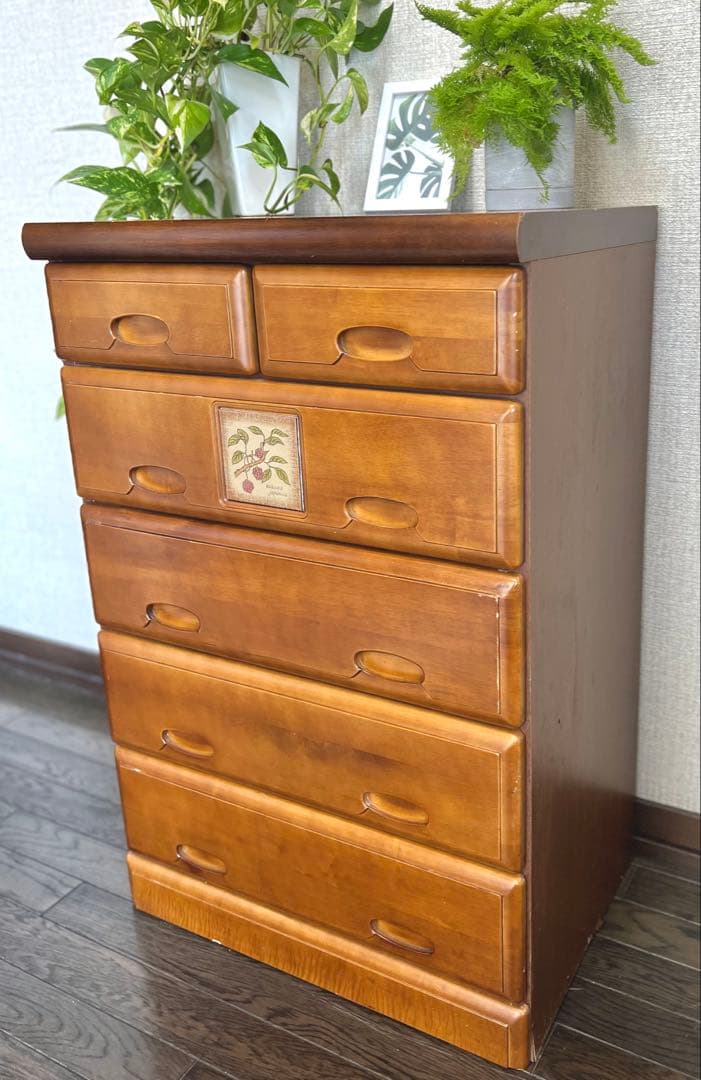 【匿名配送】カントリー調　木製ブラウンチェスト 6引き出し　かわいくて、シンプル