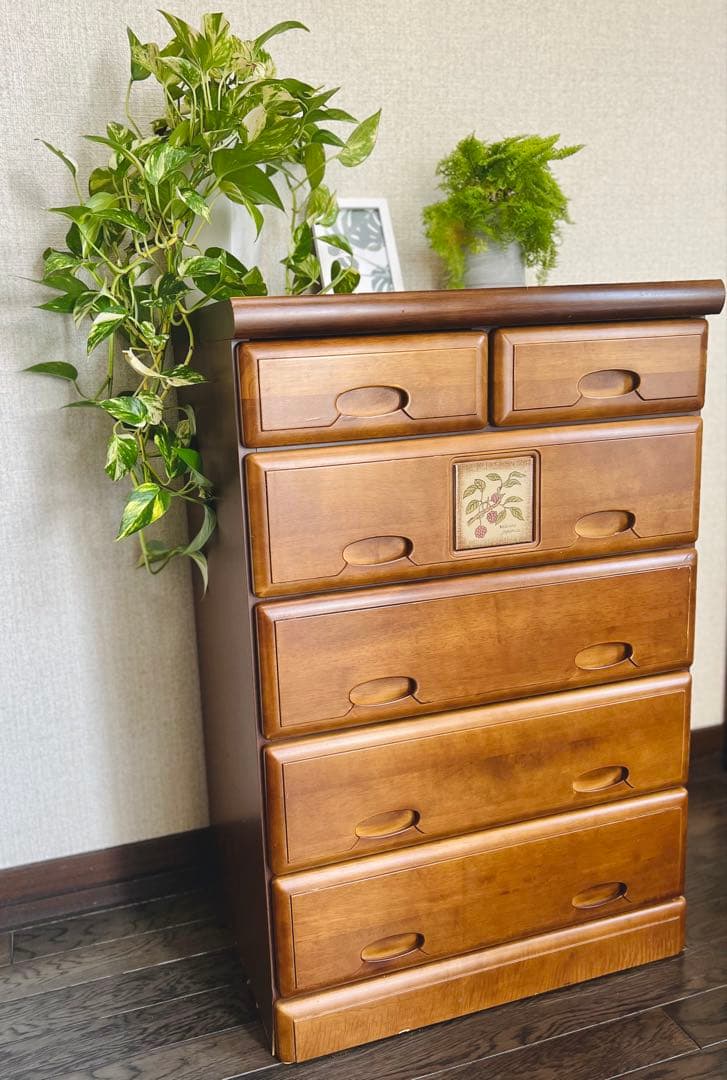 【匿名配送】カントリー調　木製ブラウンチェスト 6引き出し　かわいくて、シンプル