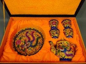 明代成化年間の金細工細工に宝石象嵌を施した茶器セット