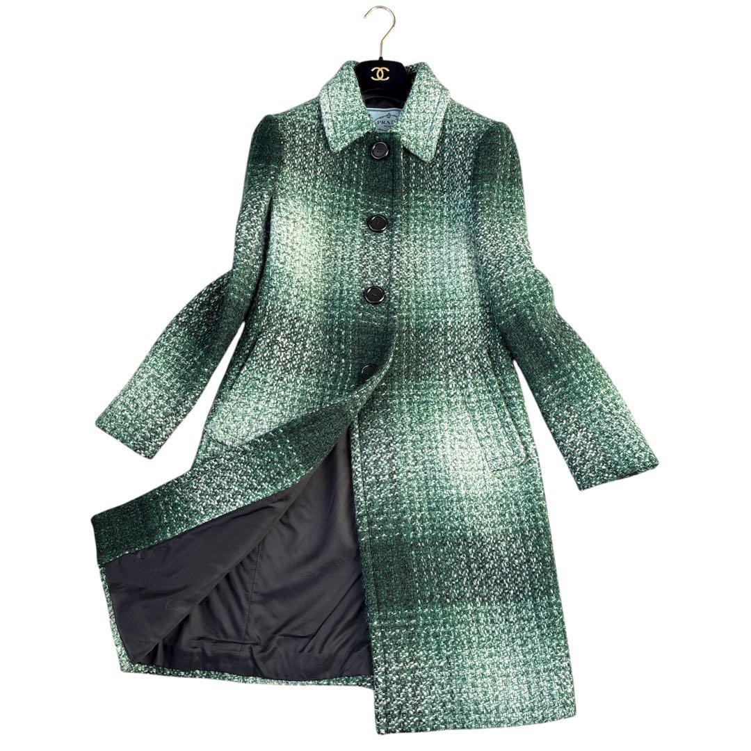 極美品 PRADA ツイード ロングコート 42サイズ 希少カラー グリーン