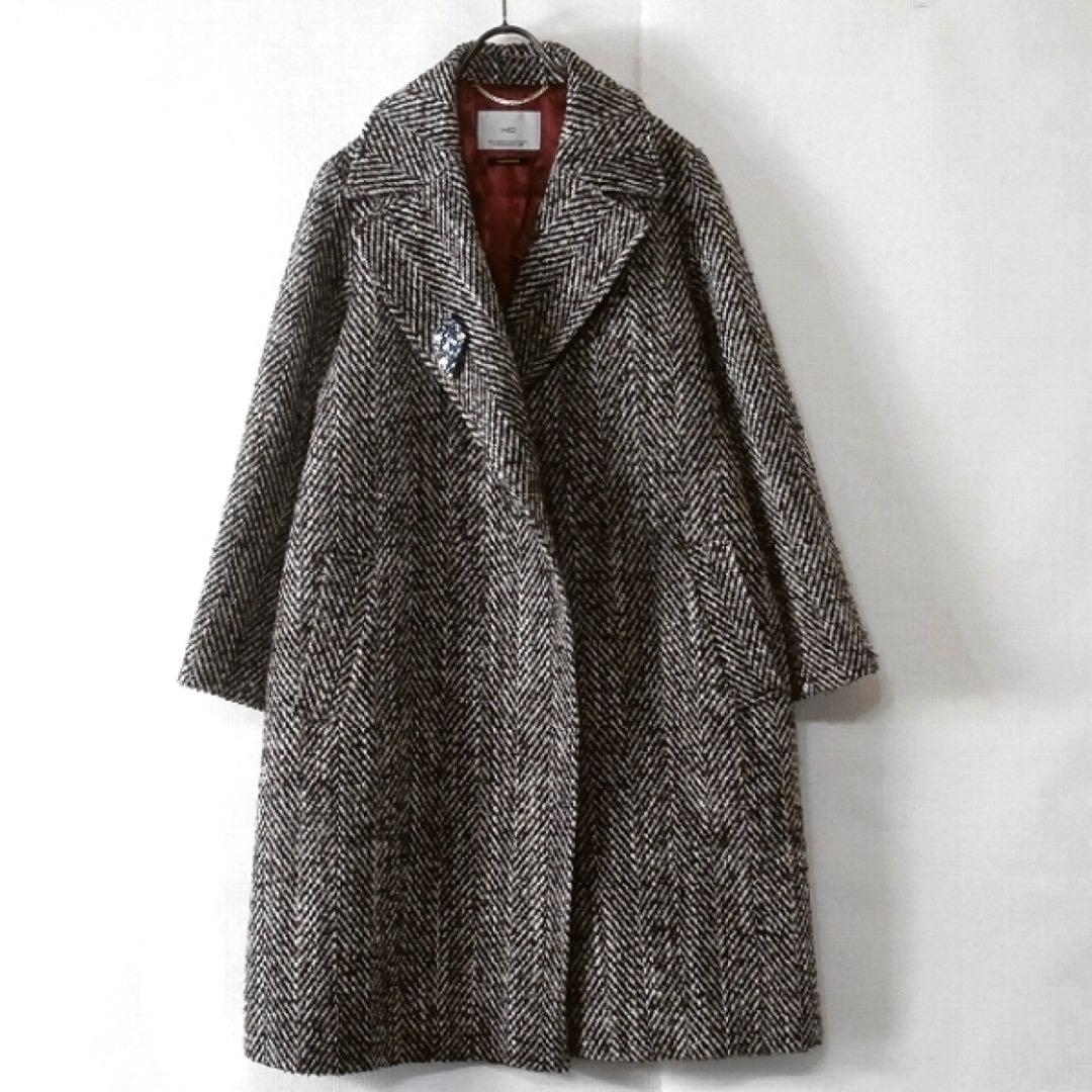 イネド / ヘリンボーン ロングコート ベルト付 7号 日本製 ウール 上品