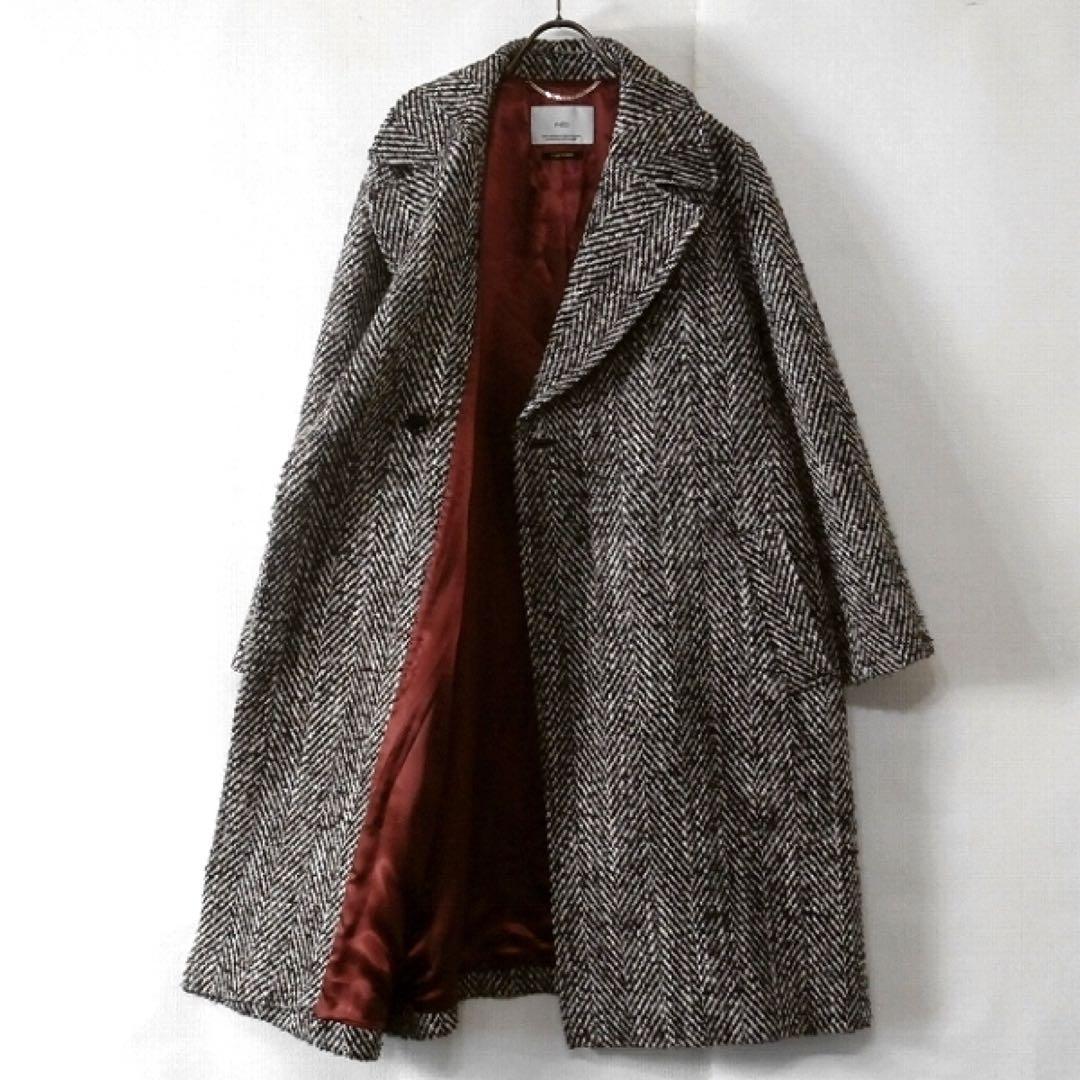 イネド / ヘリンボーン ロングコート ベルト付 7号 日本製 ウール 上品