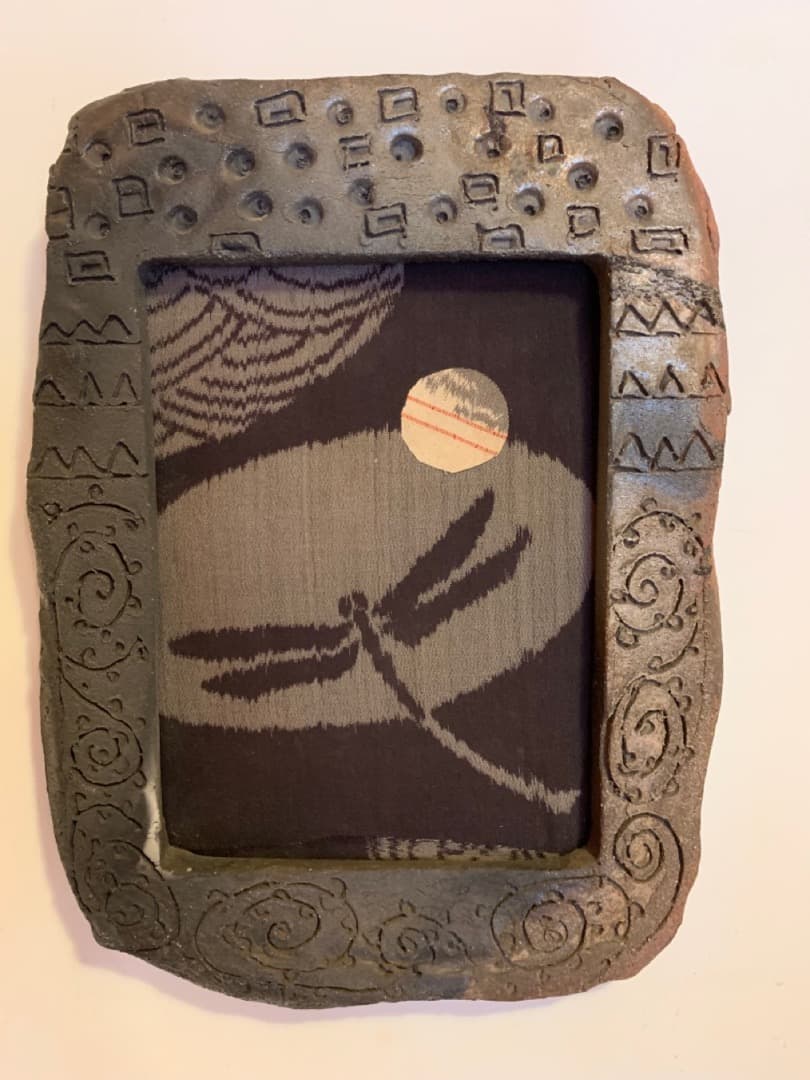 古布８　額　陶製　アート　美術品　壁掛け 信楽焼