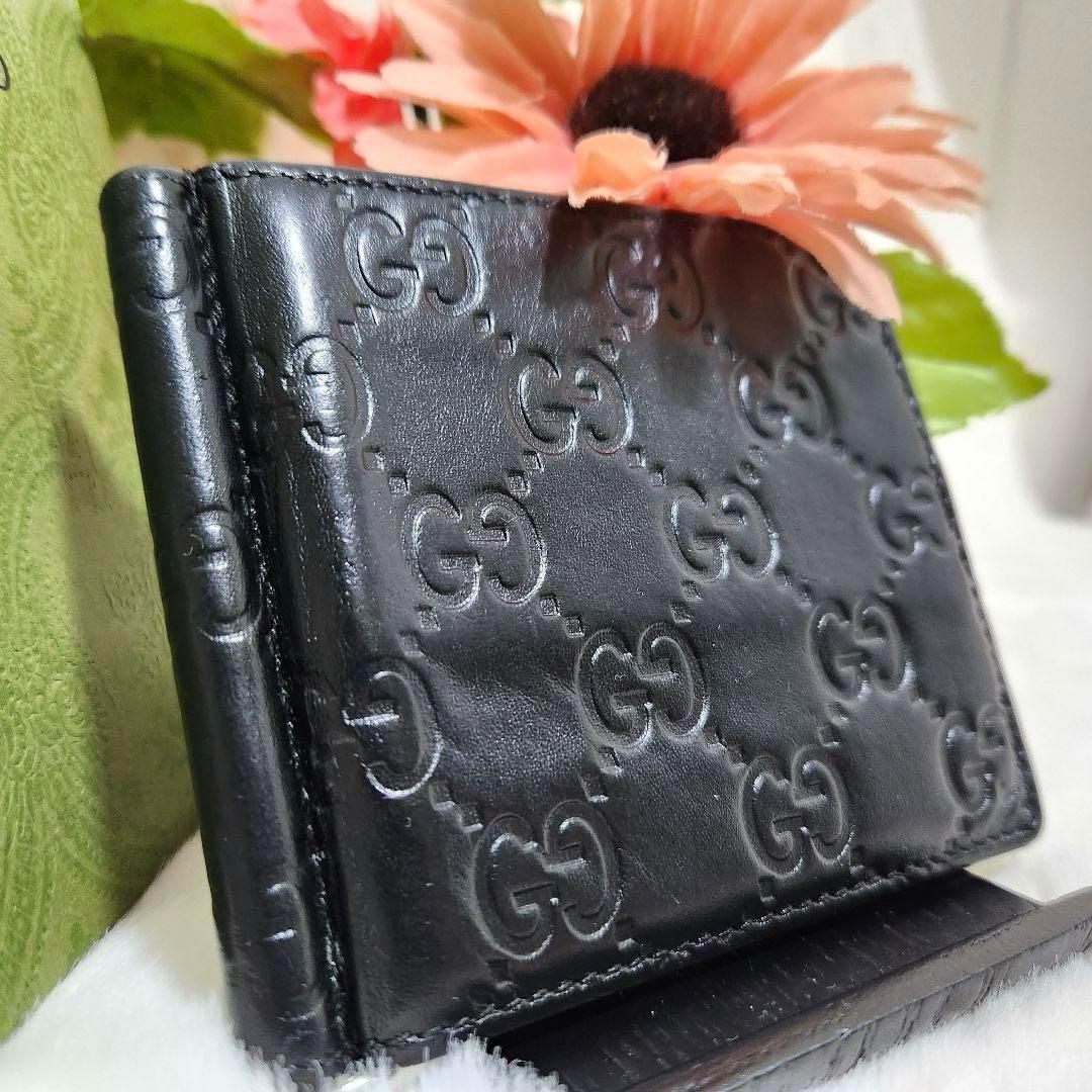 ✨極美品✨グッチ　マネークリップ　シマレザー　二つ折り　レザー　ブラック