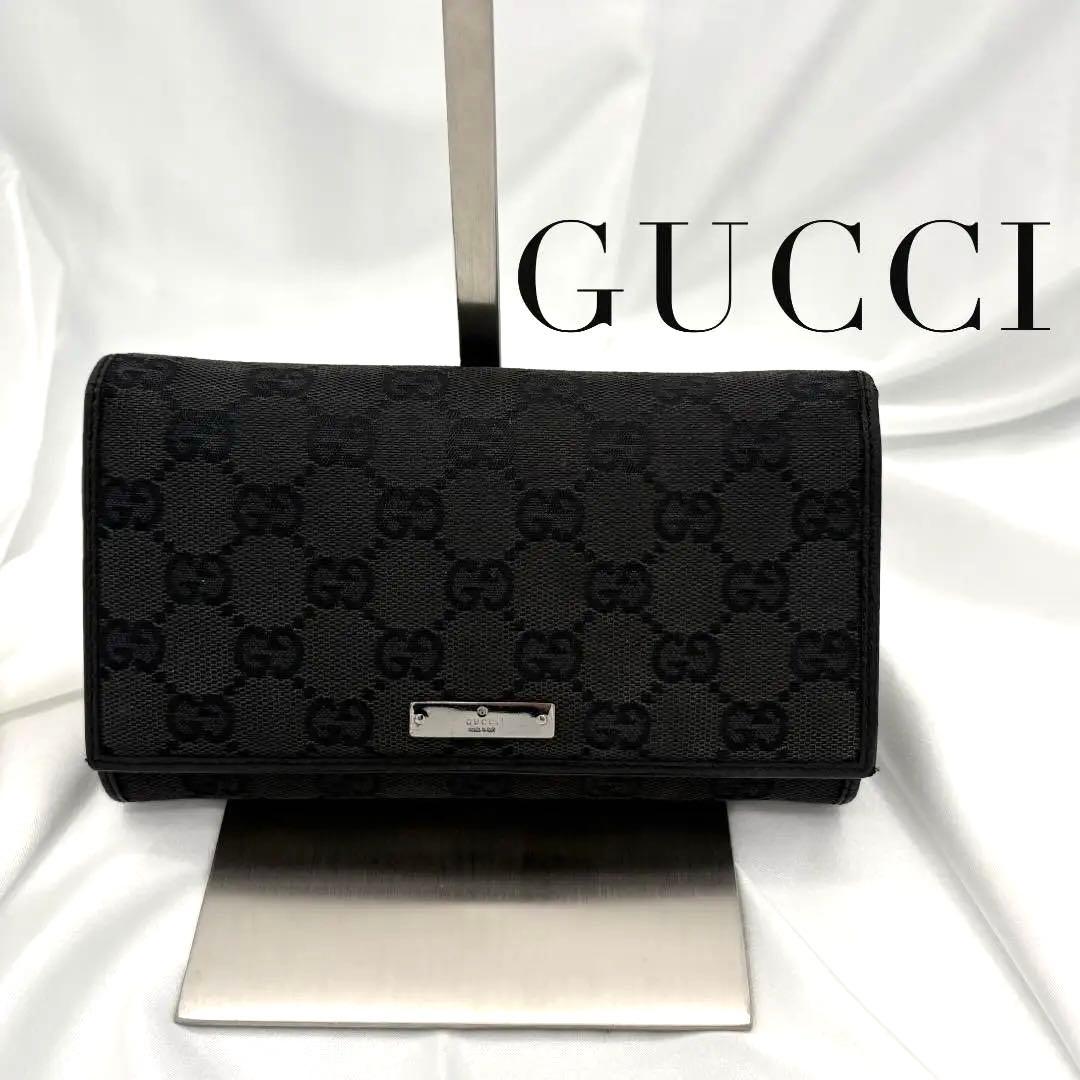 【美品】GUCCI グッチ三つ折り財布 GGキャンバス ブラック レザー がま口