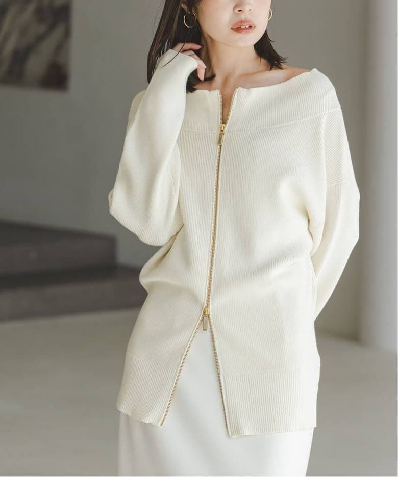 24AW フロントジップボートネックニット★ホワイト