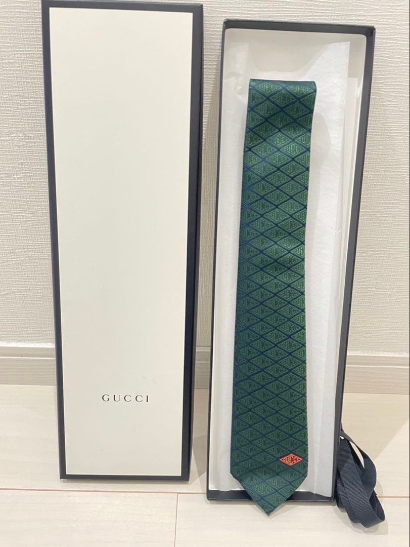 【GUCCI】 グッチ　メンズネクタイ グリーン ダイヤモンドパターン ネクタイ