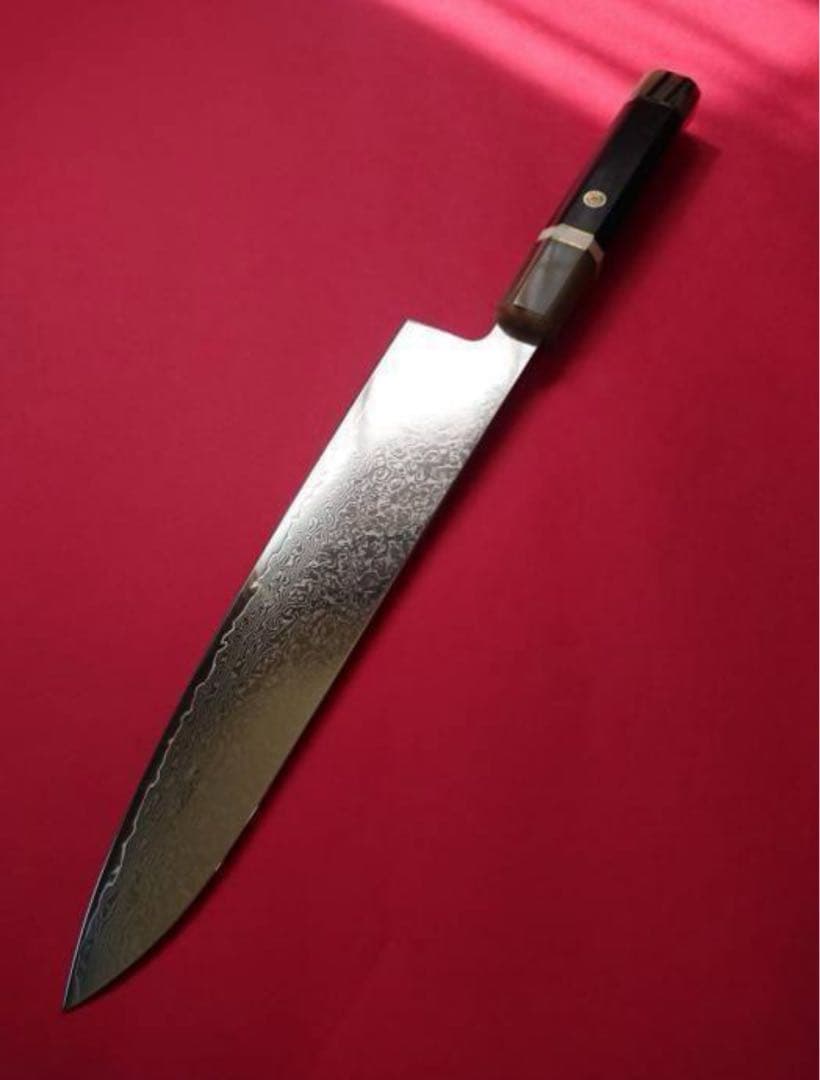 67層鏡面v金10号ダマスカス牛刀240mm黒檀白水牛八角