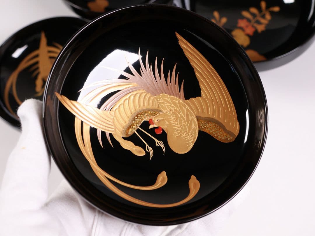 【CM400】天然木漆塗 菊桐鳳凰金蒔絵 黒塗 吸物椀 二客 昭和期 木製漆器