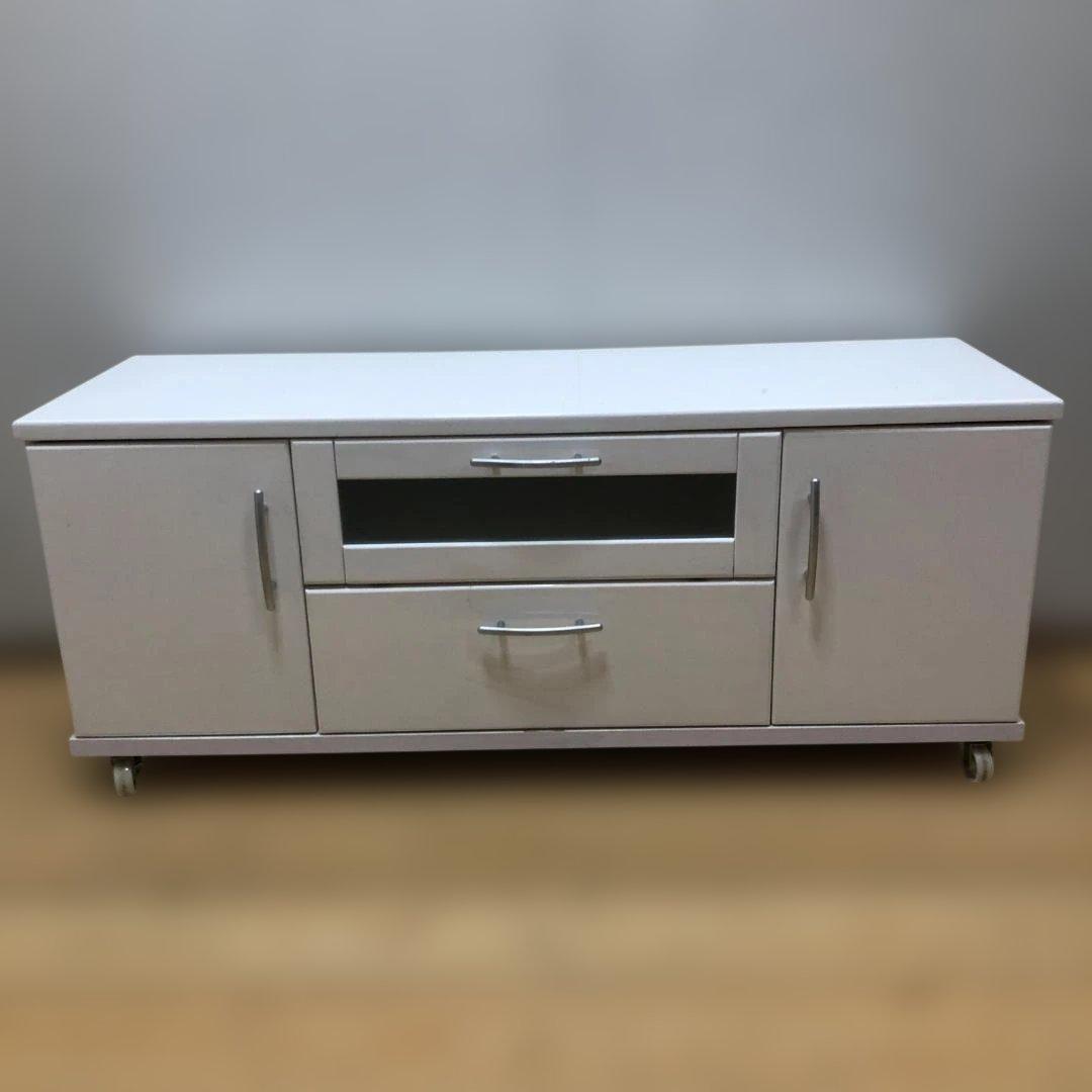 送料無料 テレビ台 ローボード 白 キャスター付き ガラス扉 250803-3