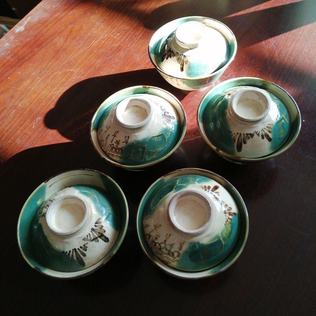 瀬戸焼　加藤作助　織部蓋茶碗　5客　大正～昭和初期