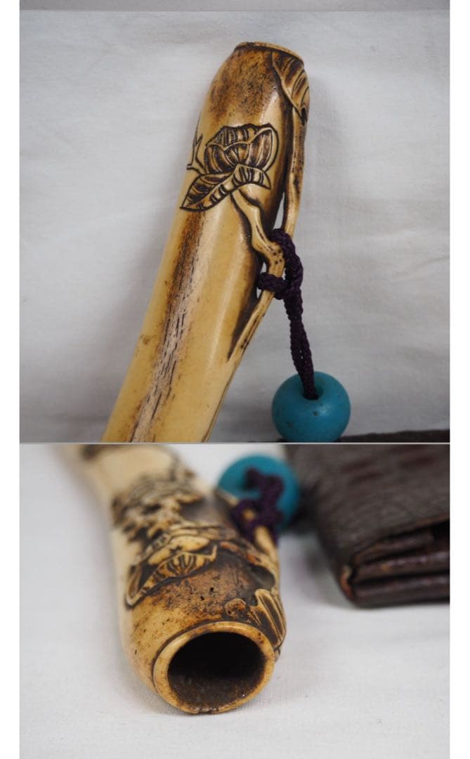 aunkyo送料無料　『正秋』造　本金金具煙草入　銀製象嵌煙管鹿角彫煙管入