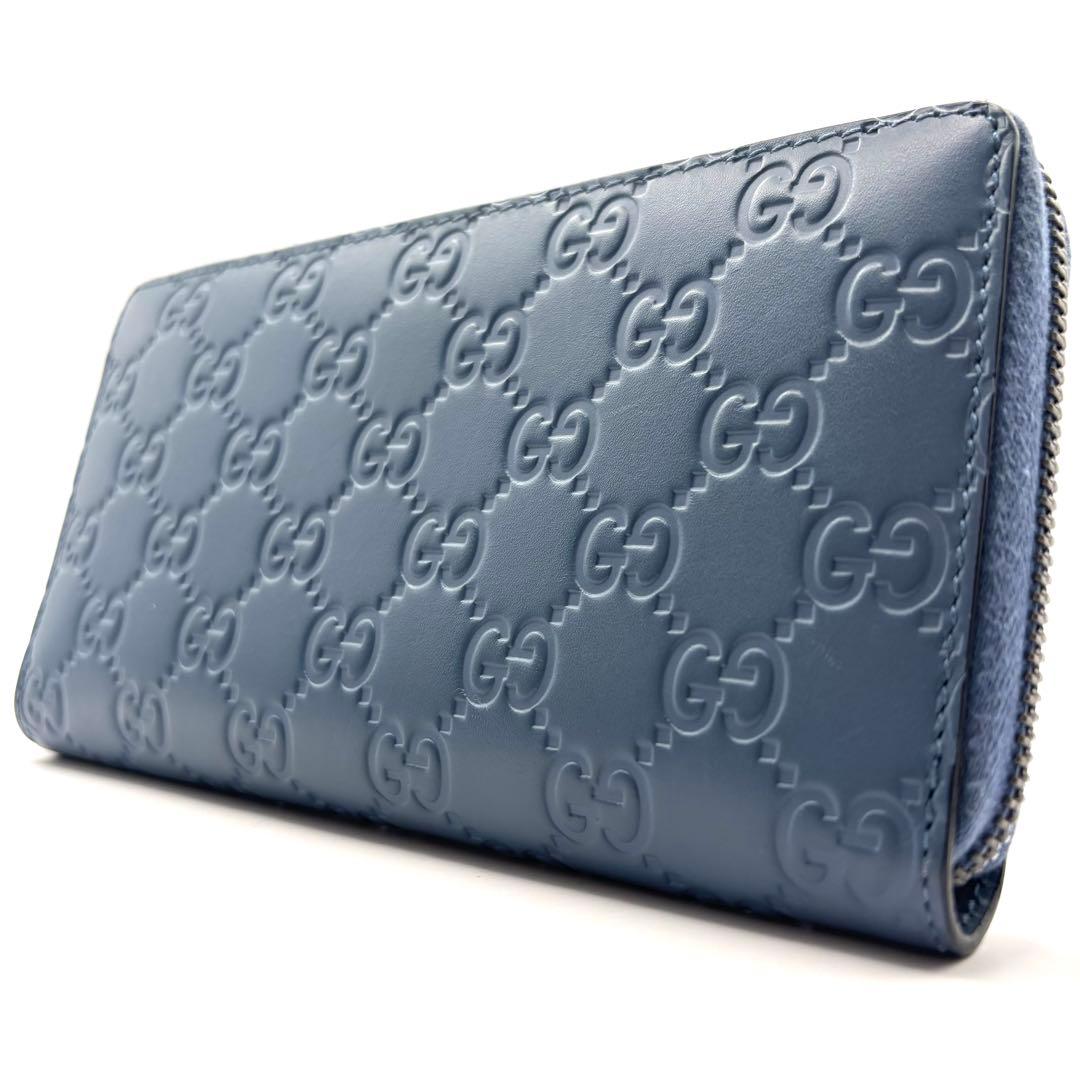 美品 グッチ 長財布 シマ GG ラウンドファスナー レザー ブルー