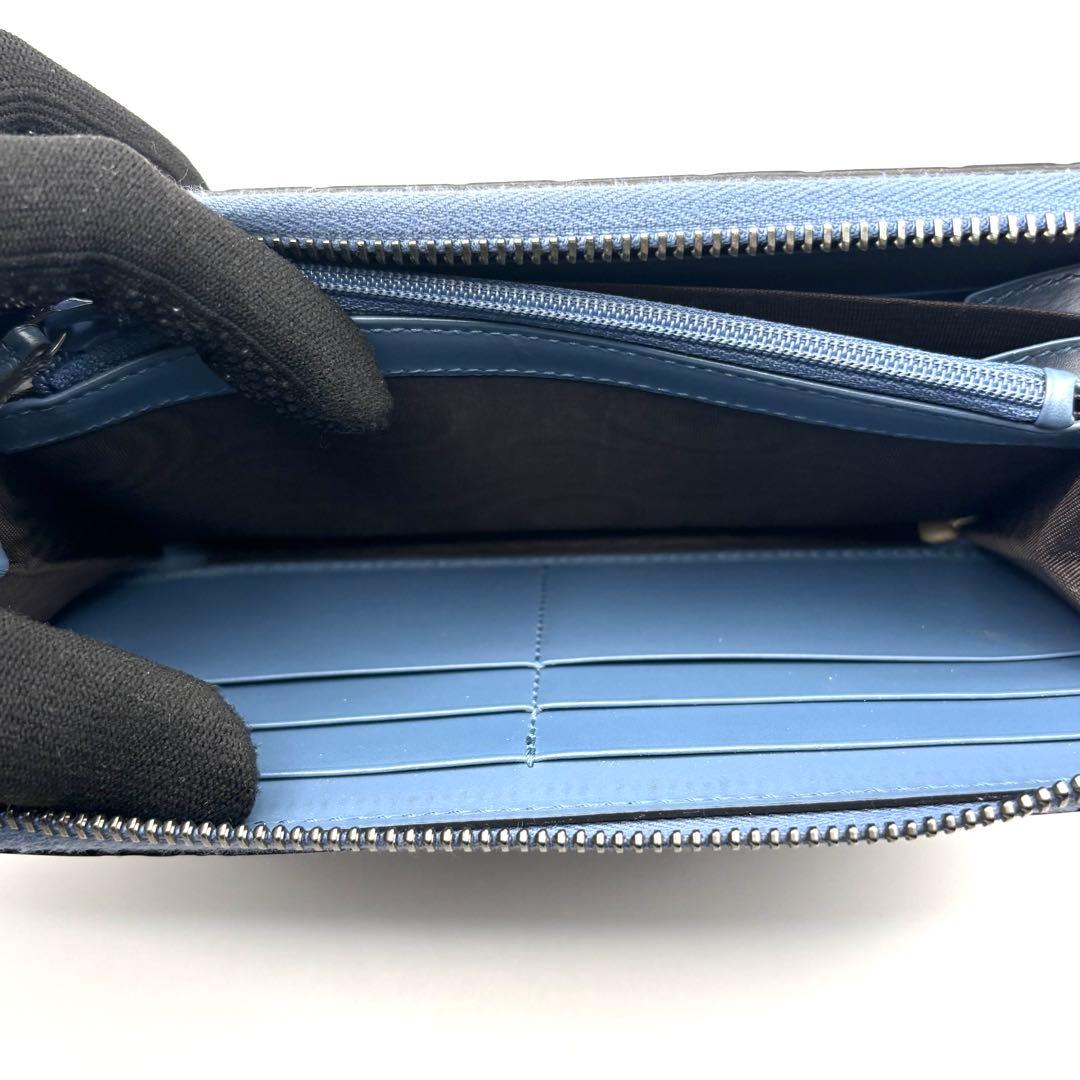 美品 グッチ 長財布 シマ GG ラウンドファスナー レザー ブルー