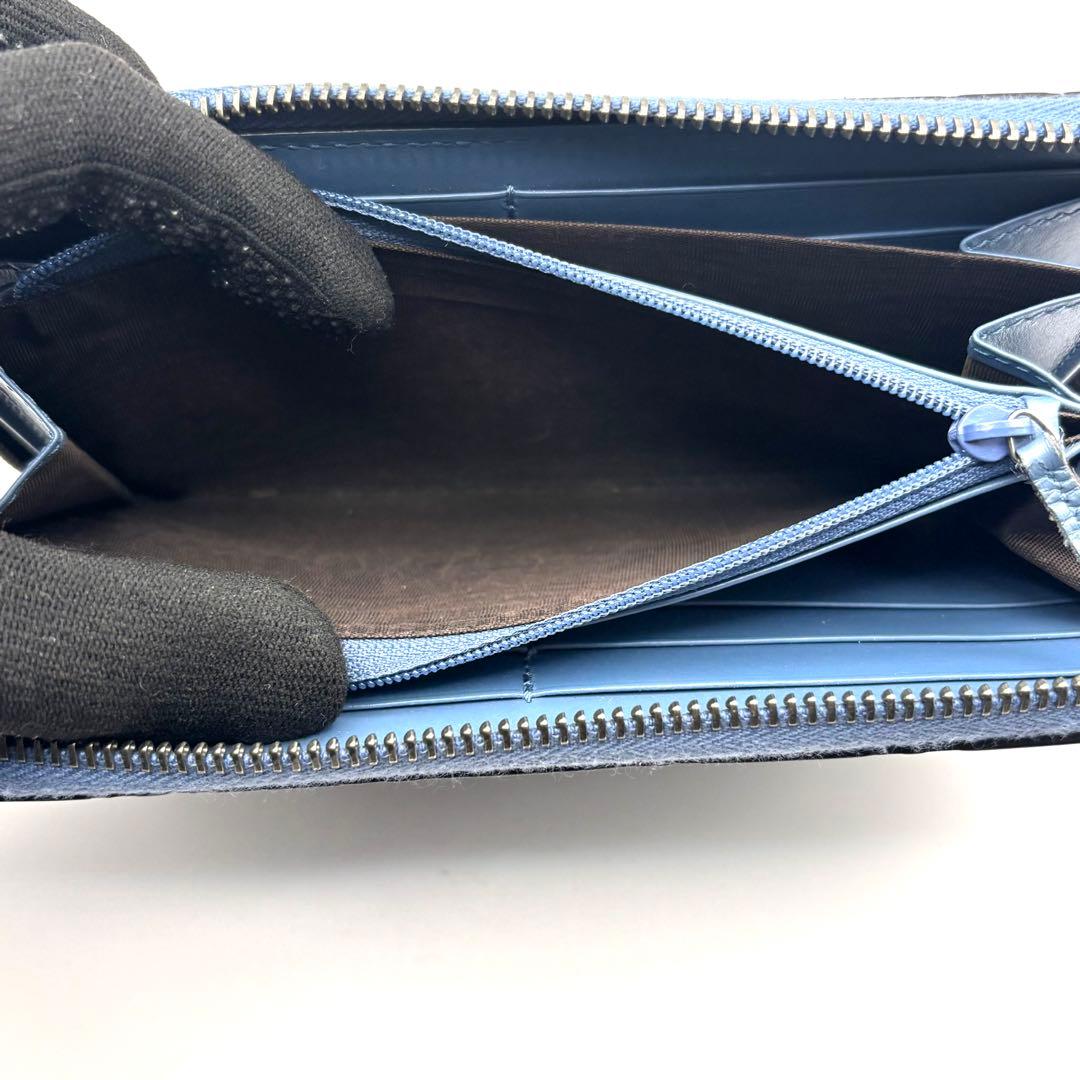 美品 グッチ 長財布 シマ GG ラウンドファスナー レザー ブルー