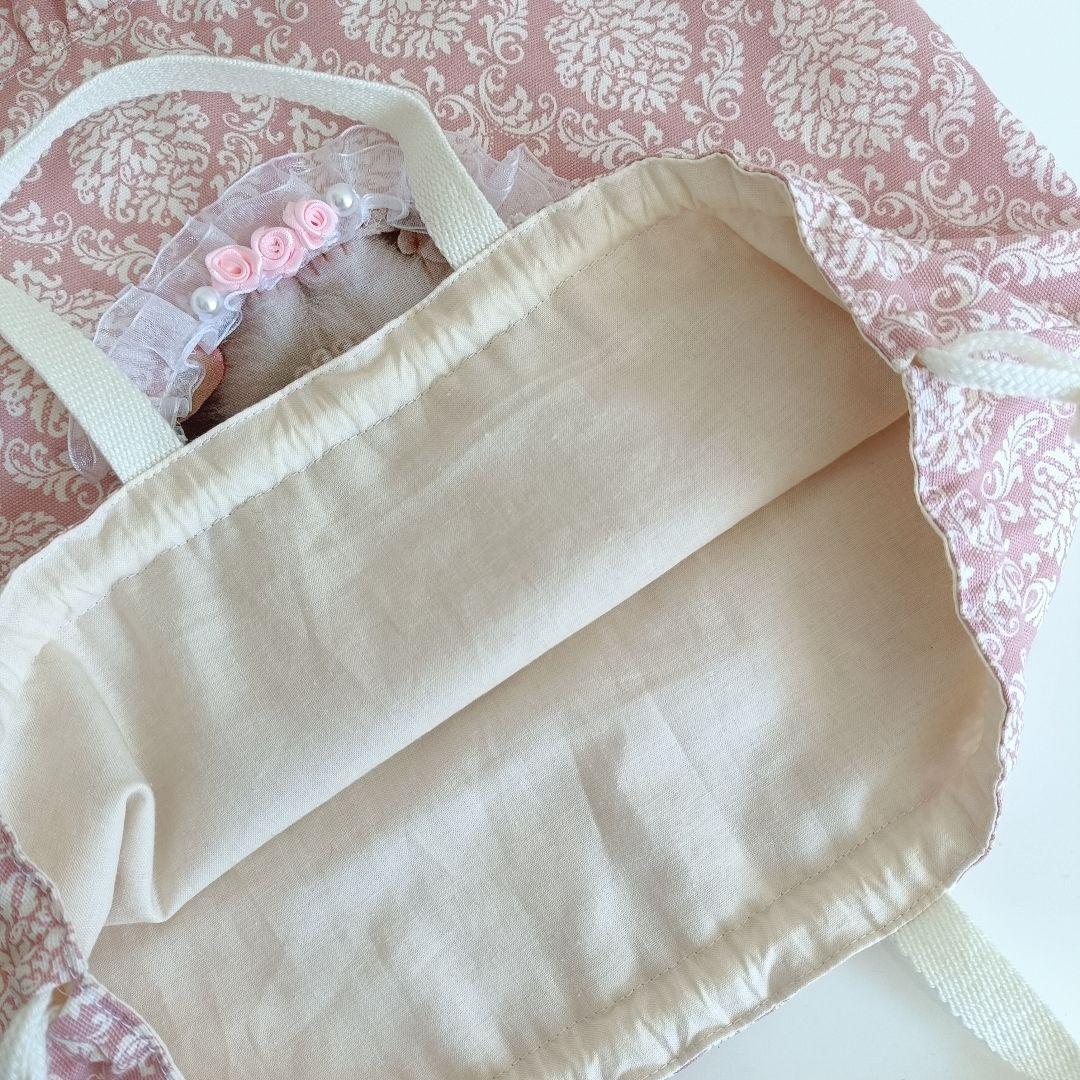 10.レッスンバッグ 3点セット 猫 くすみピンク ダマスク ハンドメイド