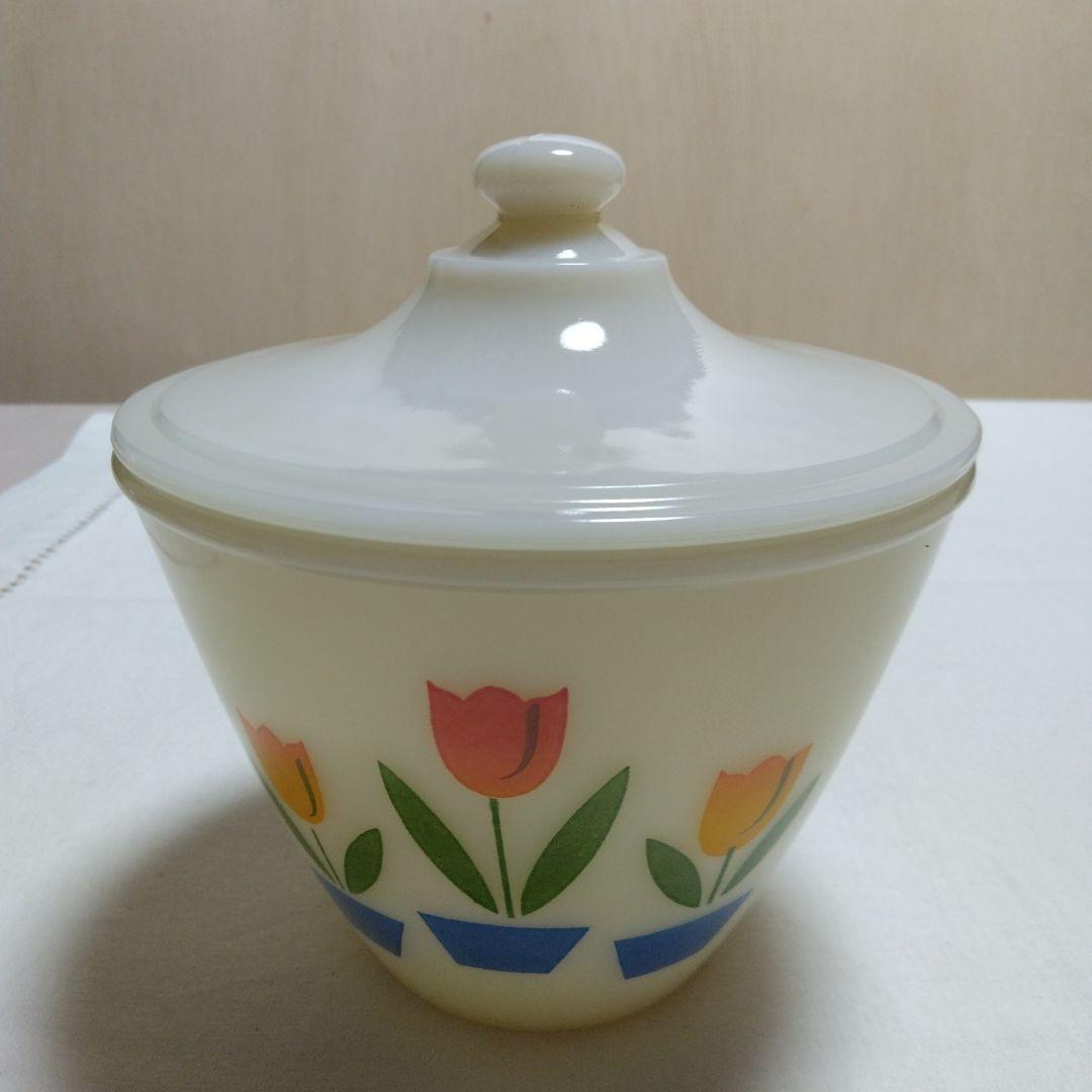 ヴィンテージFire King チューリップ柄 グリースジャー·アイボリー