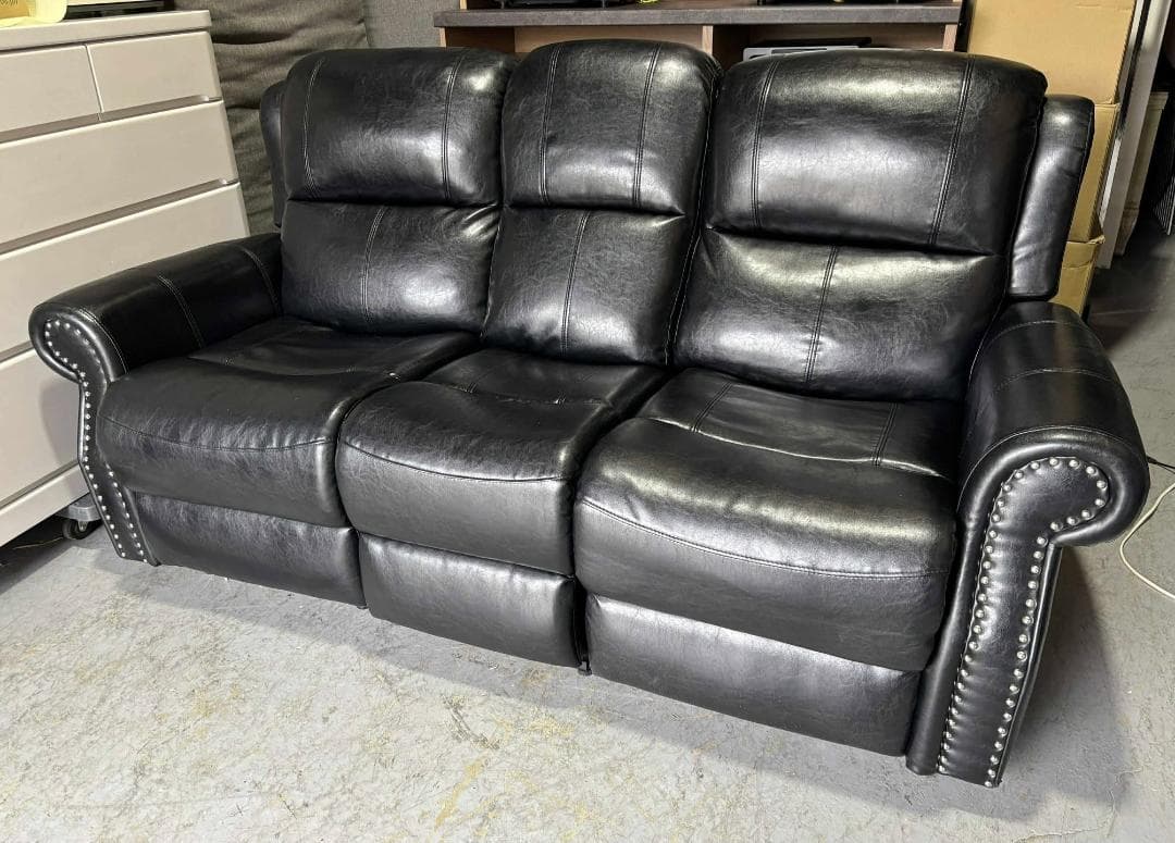 おしゃれ 電動リクライニングソファ3人掛けレザーソファ幅190cmUsed/美品